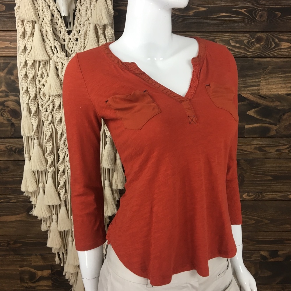 Postmark | Rust Lace Split Neck Blouse‎ Roll Sleeve